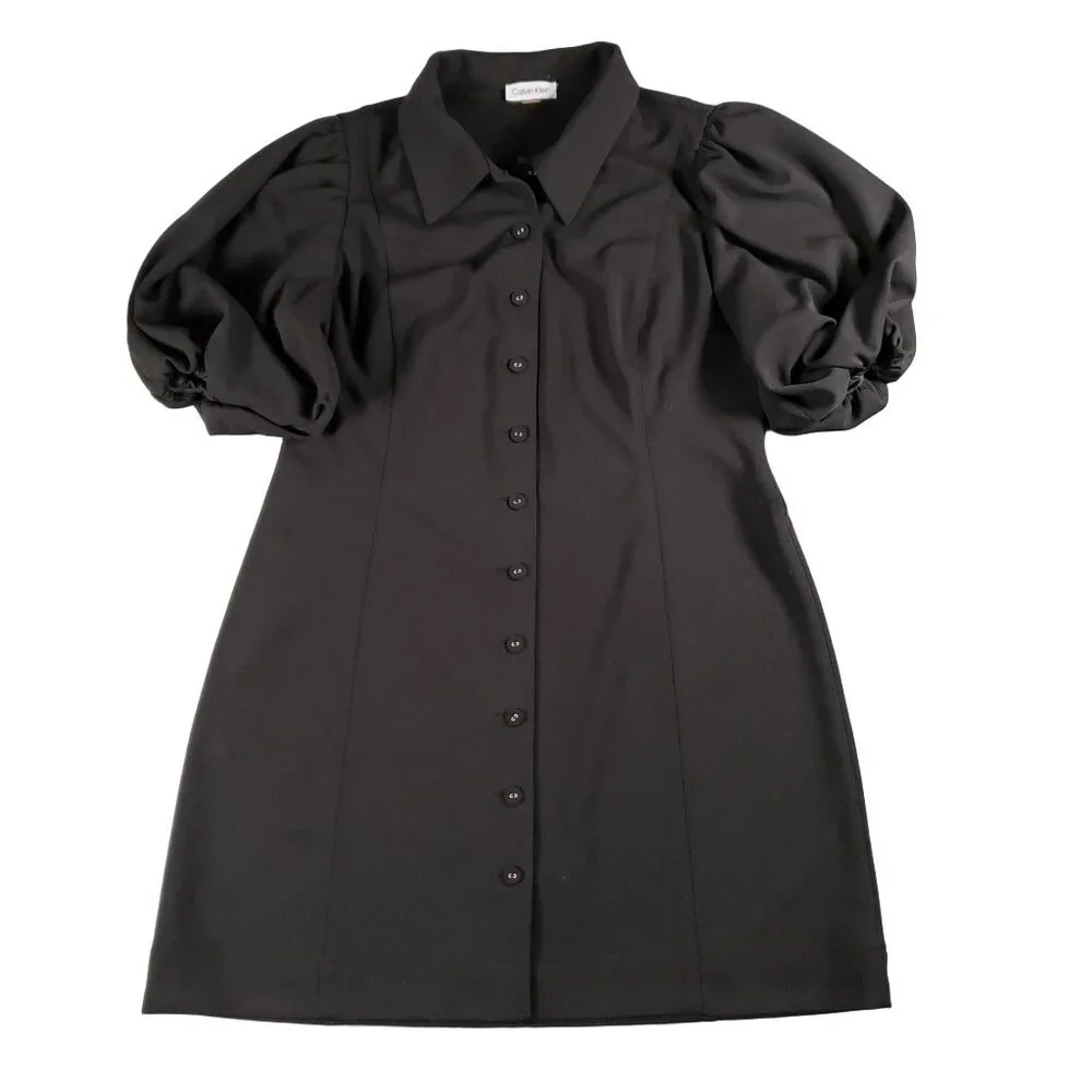 Calvin Klein Women’s Black Puff Sleeve Shirt Dress Size 12 - Picture 3 of 12